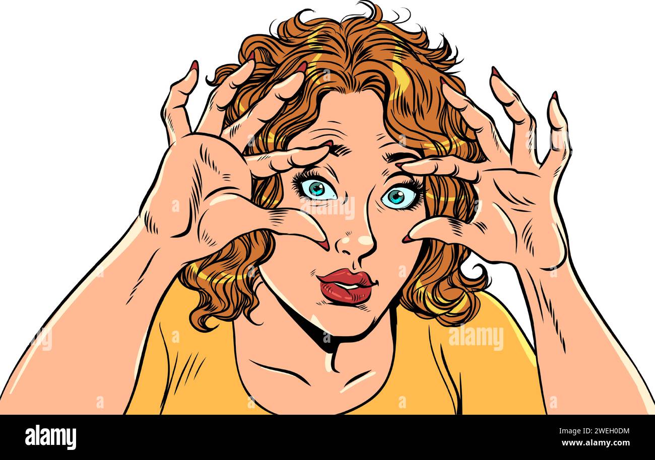Incredibile delizia per i prezzi e le offerte uniche. Una sorpresa inaspettata per tutti. La ragazza è sorpresa e tiene gli occhi con le mani. Fumetti Illustrazione Vettoriale