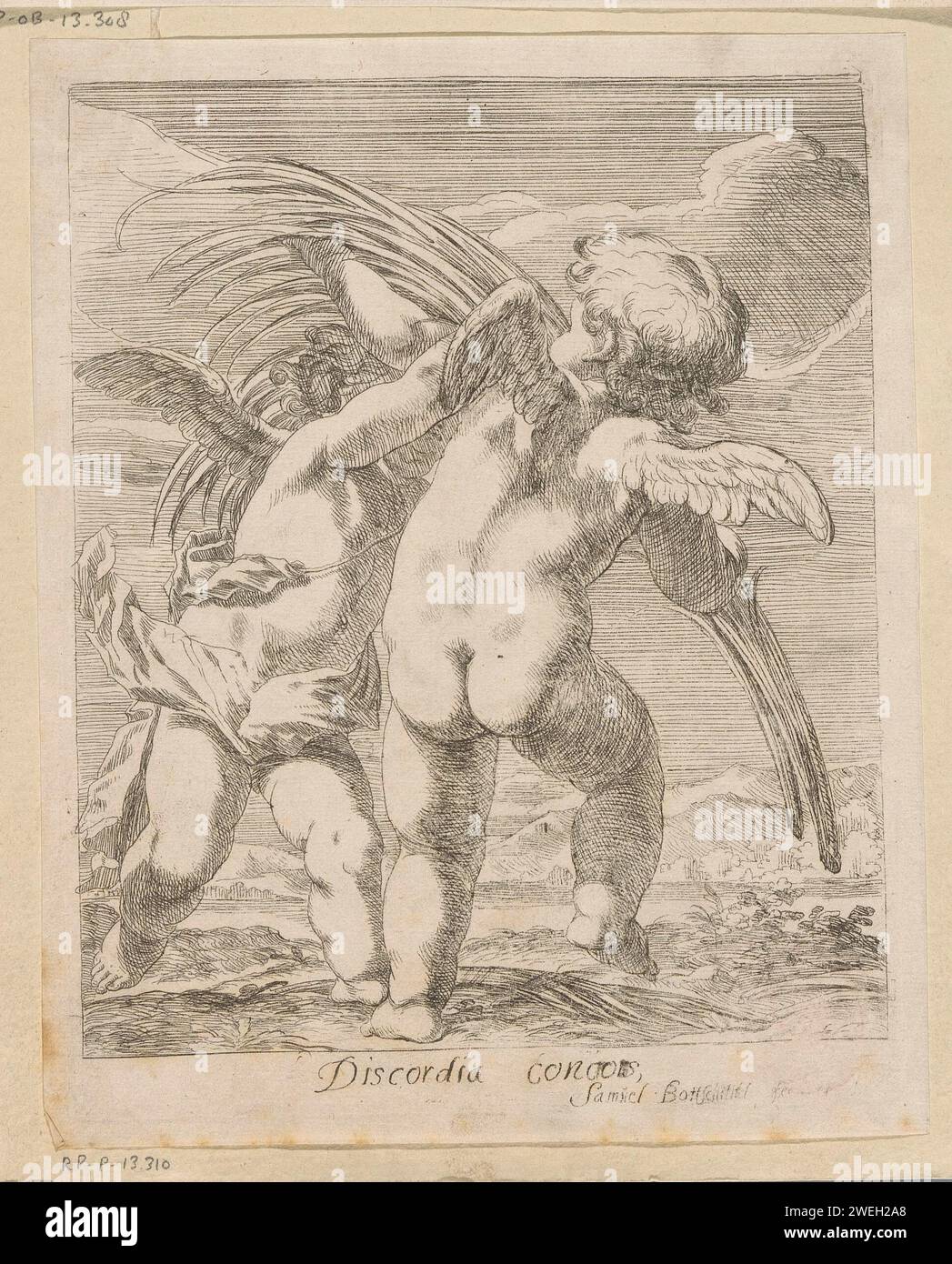 Due putti discutono intorno a un ramo di palma, Samuel Bottschild, 1693 carta stampata alberi di incisione: Albero di palma. litigio, discussione. cupidi: 'amores', 'amoretti', 'putti' Foto Stock