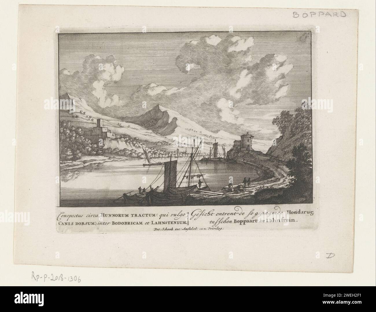 Veduta del Hunsrück, Pieter Schenk (i), dopo Jan van Call (i), c. 1694 - c. 1697 carta stampata incisione/incisione bassa campagna collinare. fiume Hunsrück Foto Stock