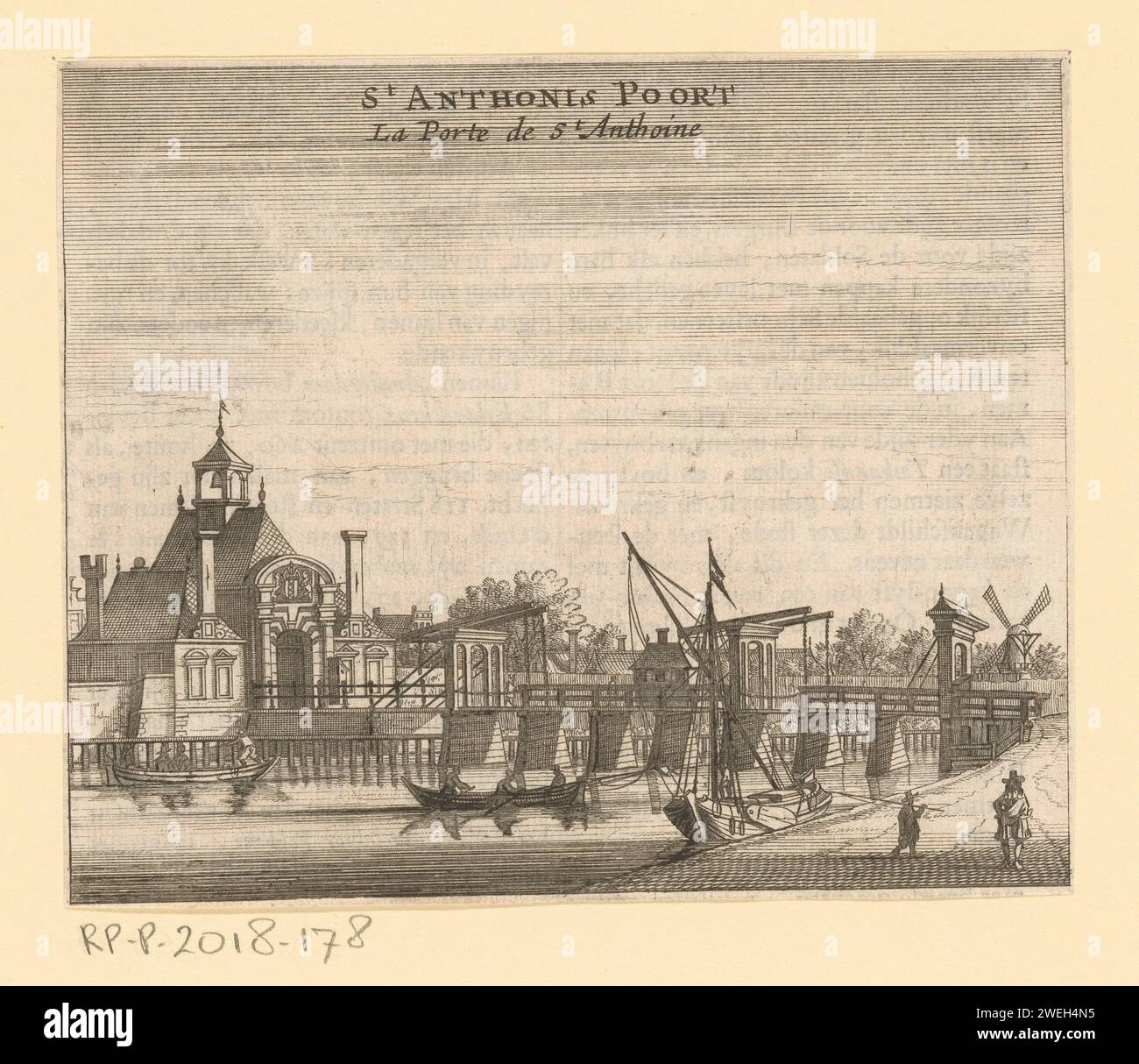 Veduta del secondo Sint-Antoniepoort ad Amsterdam, Jan Veenhuysen (attribuito a), stampa del 1665 veduta del secondo Sint-Antoniepoort e del relativo ponte ad Amsterdam nel 1636, visto da fuori città. Dopo la quarta spiegazione e la costruzione del primo Muiderpoort (1663), questo edificio aveva perso la sua funzione di porta della città. Sarebbe stato demolito nel 1670. Sul testo verso Dutch. incisione/incisione/stampa letterpress city-gate. ponte. canal (+ paesaggio con figure, personale) Second Sint-Antoniepoort Foto Stock