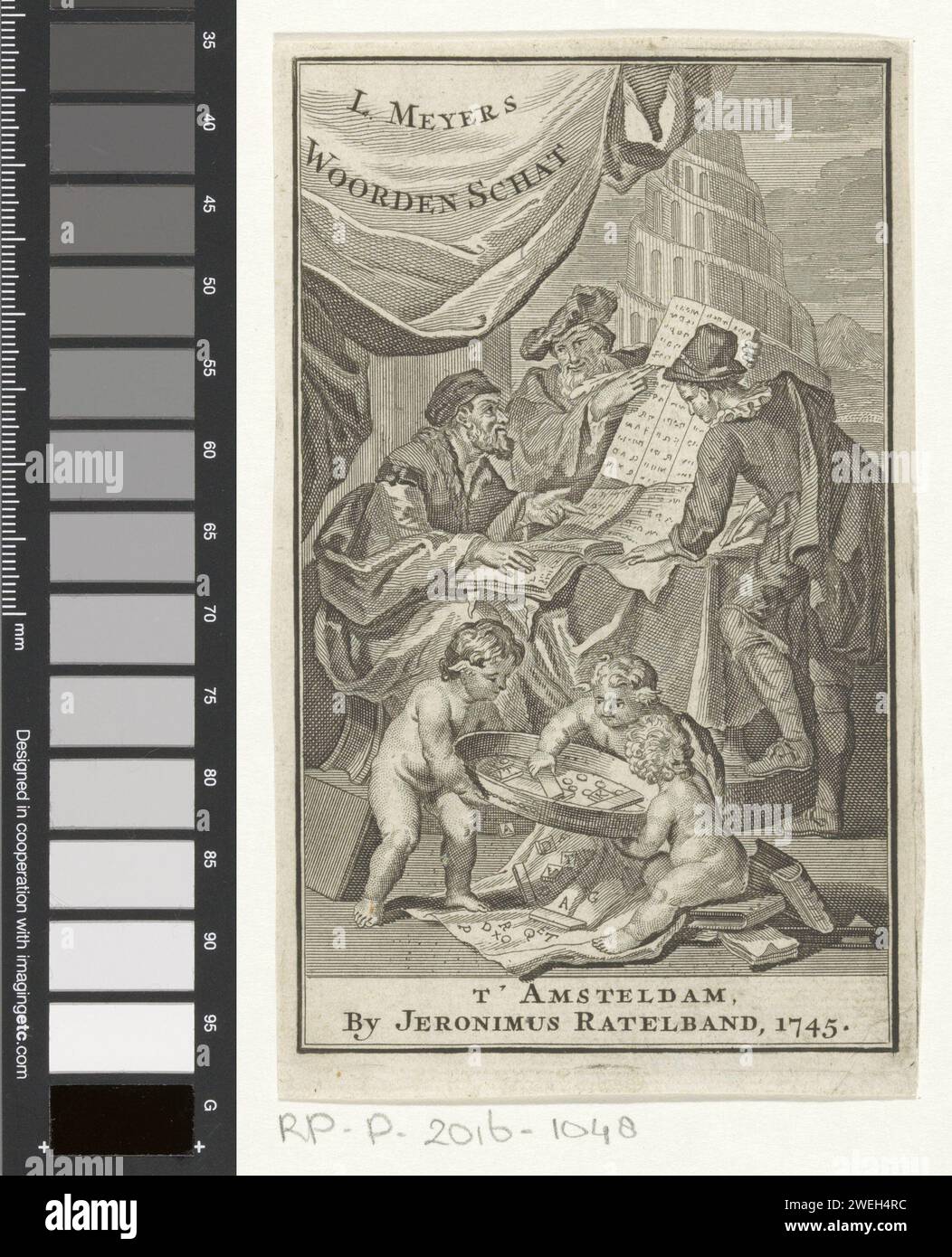 Men Study Papers, Anonymous, 1745 stampa tre uomini intorno a un tavolo studiano un libro e dei documenti. Tre putti giocano un gioco con lettere in primo piano. Sullo sfondo la torre di Babele. incisione/incisione su carta gruppo di studiosi o filosofi. parola. lettere, alfabeto, script. La Torre di Babele Foto Stock
