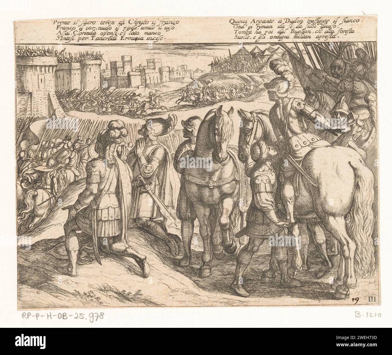 Illustrazione al canto III della Gerusalemme liberata di tasso, Antonio tempesta, 1565 - 1630 stampa A Struggle for the strad Walls of Jerusalem. Versi italiani di tasso in due colonne nel margine superiore. Incisione su carta (scene da) opere specifiche di letteratura: Tasso, Gerusalemme liberata. cavaliere. proselitismo militante: guerra religiosa, crociata, ecc... Battaglia di Gerusalemme Foto Stock