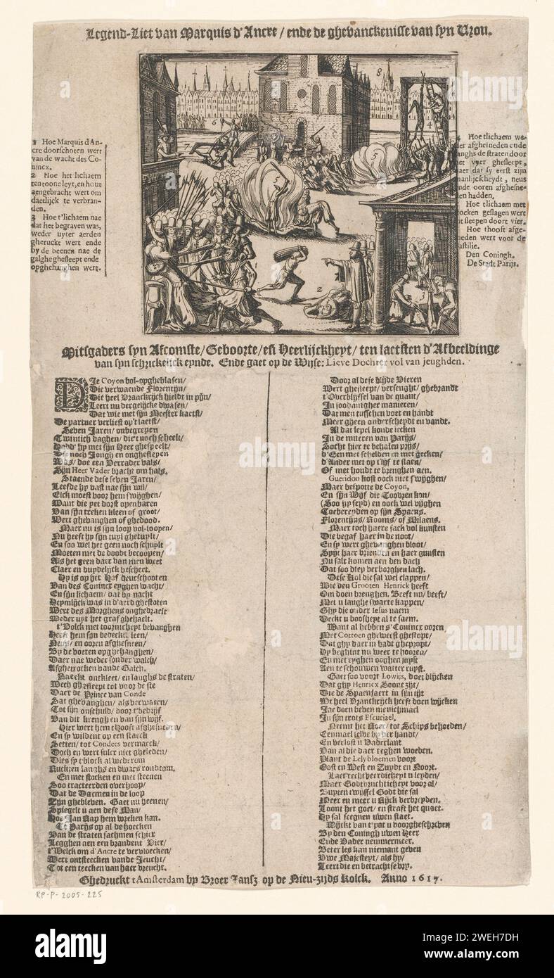 Nieuwsprent con canzone sulla morte di Concino Concini, marchese D'Ancre il 24 aprile 1617, 1617 stampa il tentativo di omicidio dello statista italiano Concino Concini il 24 aprile 1617 a Parigi. ETS with Legenda include canzoni in due colonne stampate su libro (nel saggio di 'Dear Daughter full of Jeughden). carta stampa letterpress / incisione di giornali, fogli di notizie. Musica popolare vocale Parigi Foto Stock