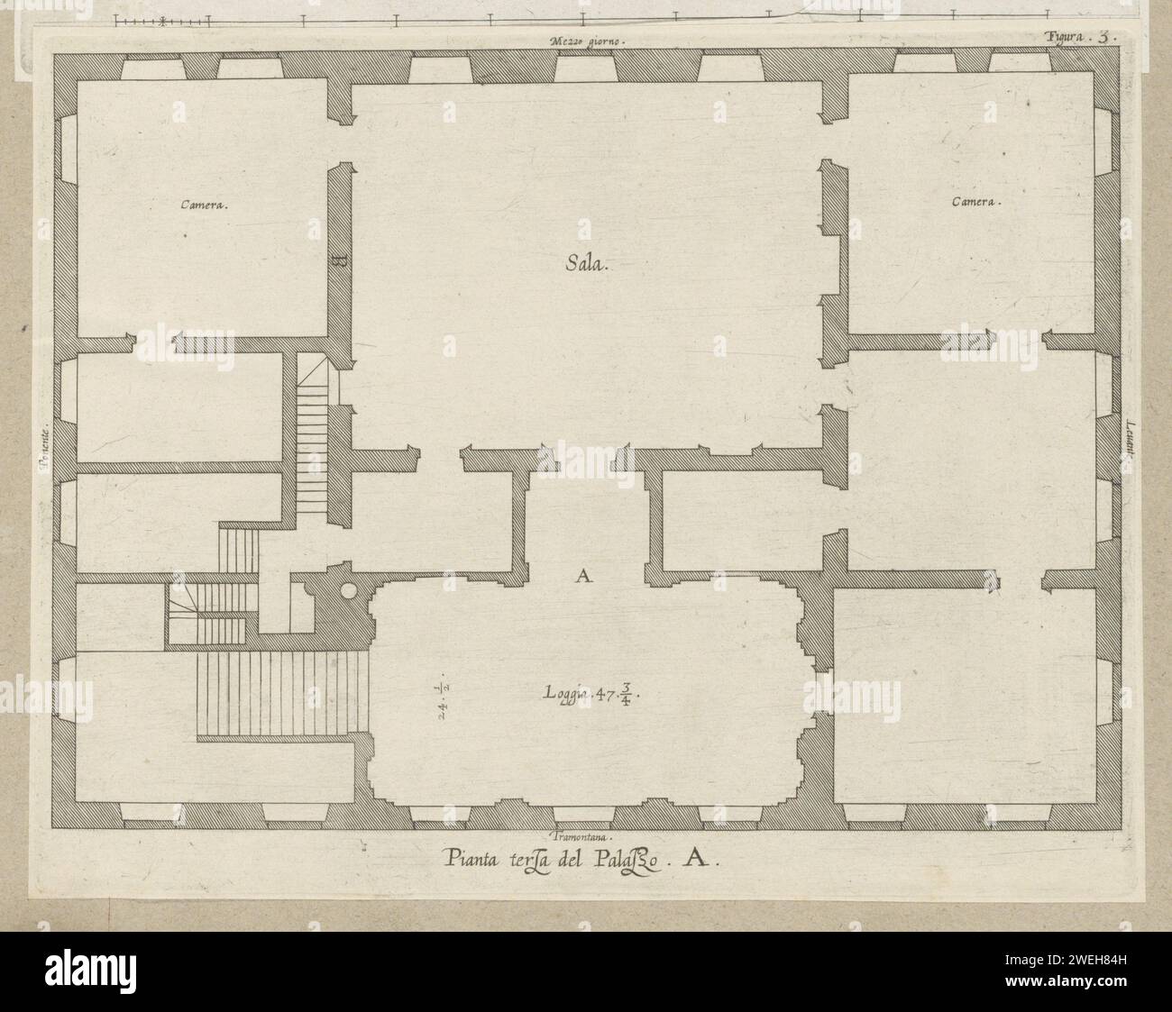 Mappa del primo piano del Palazzo Carrega-Cataldi Genova, 1622 stampa questa stampa fa parte di un album. piano di incisione su carta  architettura. Hôtel, cioè piccolo palazzo in città - AA - architettura civica: All'interno del palazzo Carga-cotaldi Foto Stock