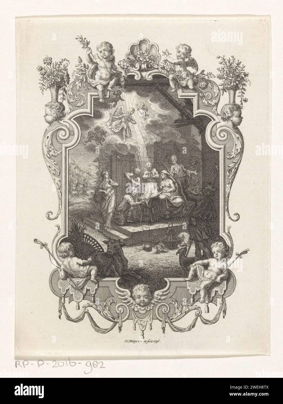 Cartouche with the Worship by the Shepherds, Jan Caspar Philips, 1736 stampa The Birth of Christ in the Stable. RADS dal cielo descrivono il bambino. I pastori si inginocchiano nel culto. Lasciati sullo sfondo i re in viaggio verso Betlemme. Lo spettacolo è catturato in un cartiglio con putti come pastori e putti con fiori. Incisione/incisione di carta adorazione del Cristo-bambino da parte dei pastori; Maria e Giuseppe presenti. La stella appare di nuovo e guida i tre saggi a Betlemme Foto Stock