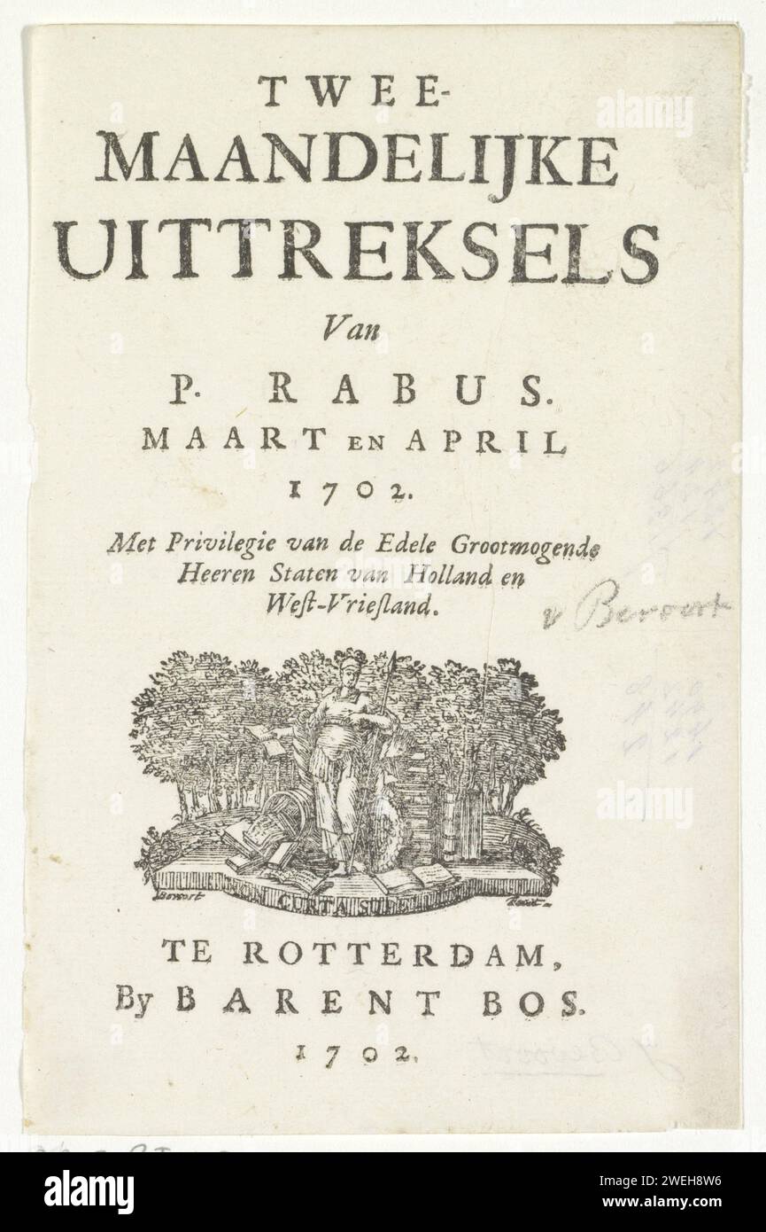 Vignetta del titolo per: Petrus Rabus, estratti di due mesi, 1702, Johannes van Bevert, 1702 vignetta di stampa su carta da lettere Foto Stock