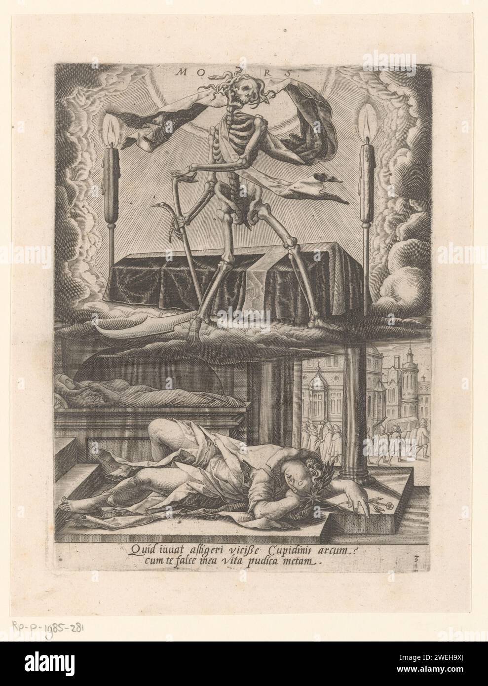 TROMPEF THE DOOD, Mathabiles Greuter, 1596 stampa con didascalia in latino. Incisione su carta Trionfo della morte, Trionfo della morte; Carro della morte (Ripa). Morte come Skeleton. Bara. Cortege, processione funebre Foto Stock