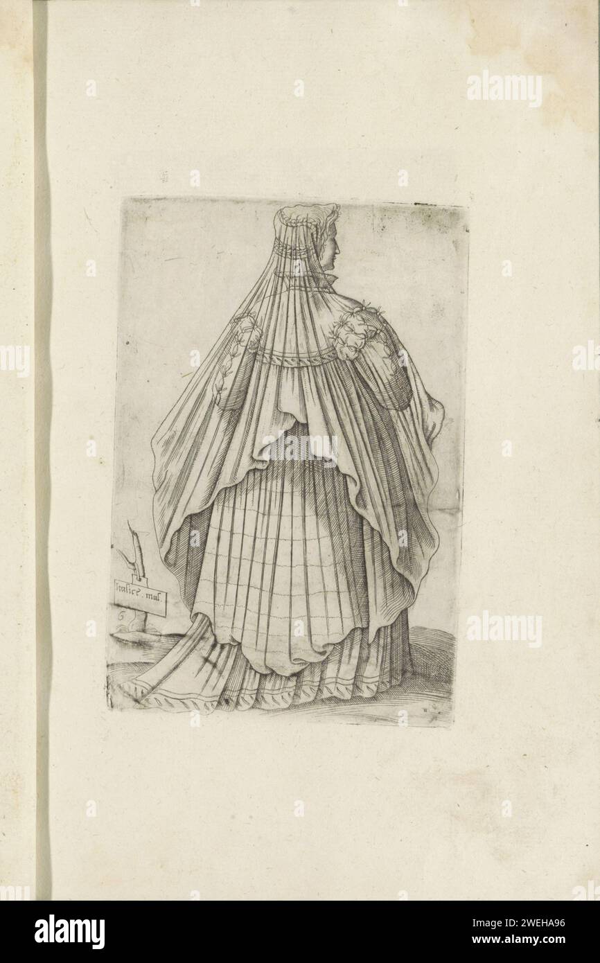 Donna italiana, vista sul retro, 1569 donna italiana, vista sul retro. Parte del libro di costumi intitolato "Omnium Fere Gentium nostrae Aetatis habitus, Nunquam ante Hac Aediti", Venezia 1569. Ristampa dal 1569 della prima edizione dal 1563. Lastre di moda per incisioni in carta Italia Foto Stock