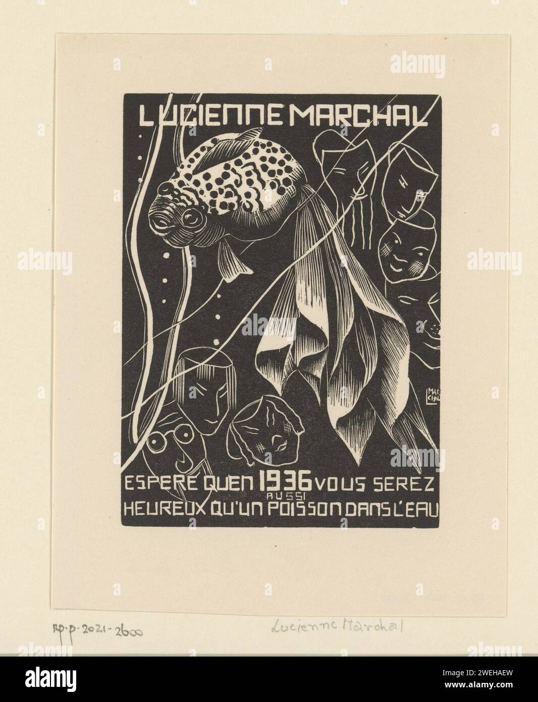Il desiderio di Capodanno per il 1936 da Lucienne Marchal, Lucienne Marchal, 1935 stampa Een Zwemmende Goudvis mette maschere. Daaronder de tekst: "Spero che nel 1936 sarete felici come un pesce nell'acqua”. pesci di carta. maschera Foto Stock