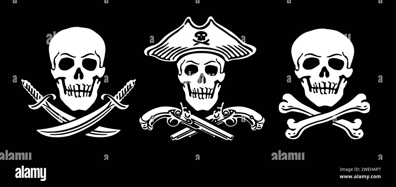 Bandiera pirata con teschio. Jolly Roger emblema. Illustrazione vettoriale Illustrazione Vettoriale