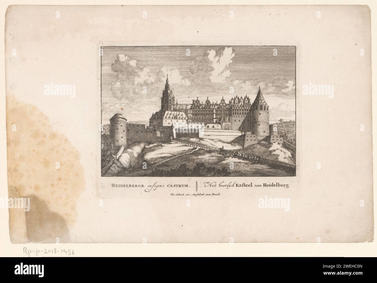 Veduta dello Schloss Heidelberg, Pieter Schenk (i), dopo Jan van Call (i), c. 1694 - c. 1697 carta stampata incisione cancello, ingresso Schloss Heidelberg Foto Stock