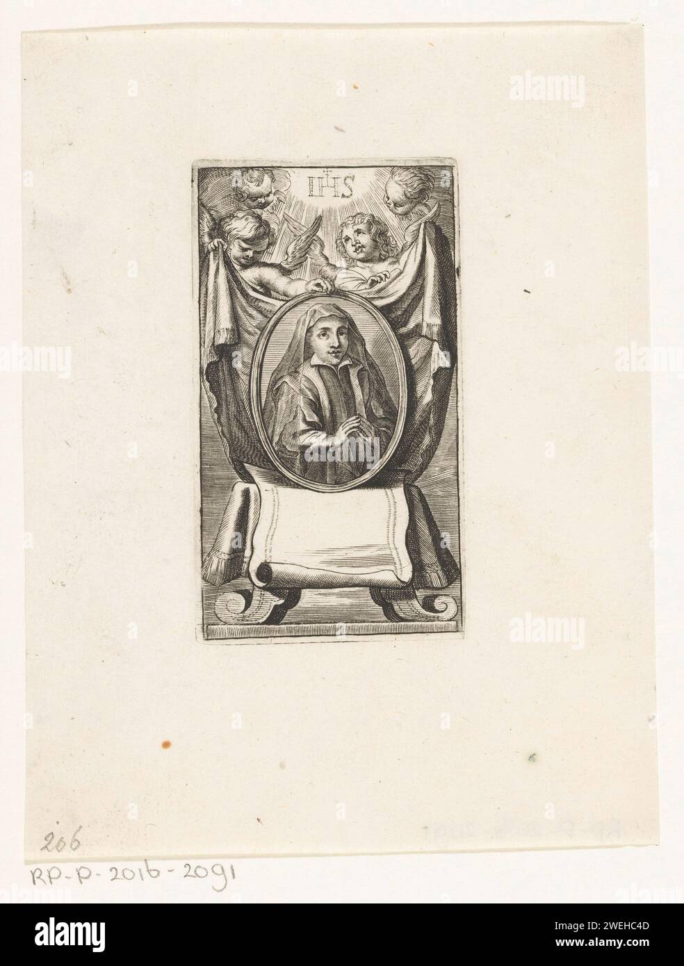 Ritratto di donna sconosciuta, anonimo, stampa 1600 - 1700 Ritratto di una donna velata sconosciuta, una sorella, in un medaglione. Dietro di esso due putti con drappeggi sotto il monogramma di Cristo IHS. Incisione su carta / incisione anonima persona storica ritratta - BB - donna. cupidi: 'amores', 'amoretti', 'putti' Foto Stock