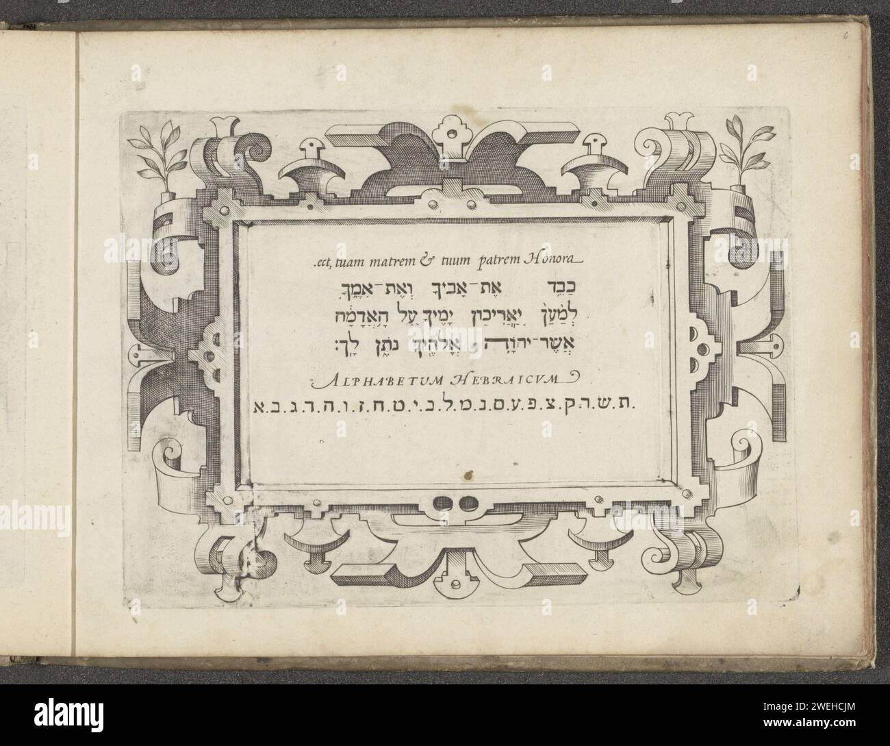 Schrijfvoorbeeld: ECT, tua madre e tuo padre, 1614 stampa di esempio scrivere con tre righe di testo e un alfabeto in ebraico. L'esempio è racchiuso in un carrello da lavoro a rulli. La stampa fa parte di un album. calligrafia con incisione su carta. ornamento  cartiglio. graffette, graffette  ornamento Foto Stock