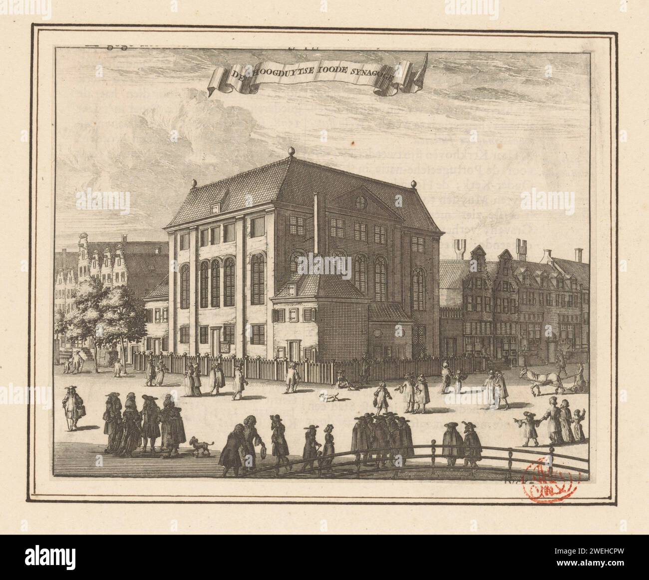 Veduta della grande Sinagoga di Amsterdam, Anonimo, 1693 - 1694 stampa veduta della grande sinagoga del comune alto tedesco all'angolo del Deventer Houtmarkt, l'attuale Jonas Daniël Meijerplein e la Nieuwe Amstelstraat di Amsterdam. Il Dritt Sjoel era situato nelle due case con facciata a orologio sulla Nieuwe Amstelstraat (a destra) dal 1700. Incisione/incisione su carta/tipografia che stampa la sinagoga (come edificio e luogo di culto  religione ebraica). 'Ashkenazim'  comunità ebraiche. strada (+ City(-scape) con figure, personale) grande sinagoga. Dritt Sjoel Foto Stock