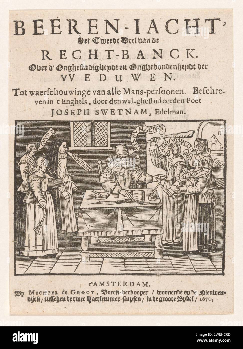 Donne arrabbiate intorno scrittore, anonimo, 1670 stampa l'autore del libro è seduto al tavolo e mette la mano destra su un libro. Circa due gruppi di donne arrabbiate che lo compongono, tra gli altri, per DOECTENIT (VOUGEN), Schelm e Sot (Zot). L'autore risponde: È già fatto. Carta da lettere stampa rabbia, rabbia. scrittore, poeta, autore Foto Stock