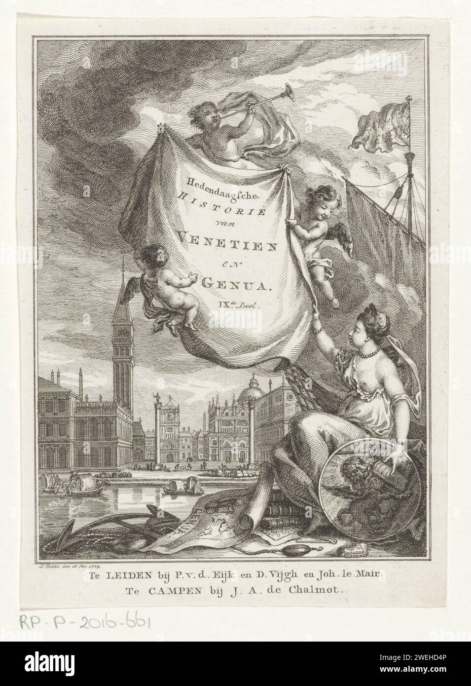 Allegoria su Venezia e Genova, Simon Fokke, stampa del 1779 tre putti tengono un panno con il titolo in aria. A destra c'è una donna con uno scudo con un leone. Ai suoi piedi ci sono una mappa di Genova, un'ancora e dei libri. Sullo sfondo un volto su Venezia. Le città di incisione/incisione su carta rappresentavano allegoricamente o simbolicamente ginocchio. Venezia Foto Stock