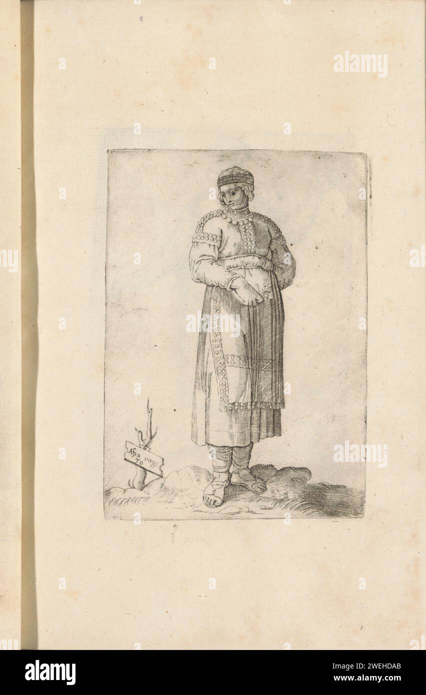 Donna non sposata dall'Africa, 1569 donna africana non sposata. Parte del libro di costumi intitolato "Omnium Fere Gentium nostrae Aetatis habitus, Nunquam ante Hac Aediti", Venezia 1569. Ristampa dal 1569 della prima edizione dal 1563. lastre di moda per incisioni in carta. Africani (+ costume) Africa Foto Stock