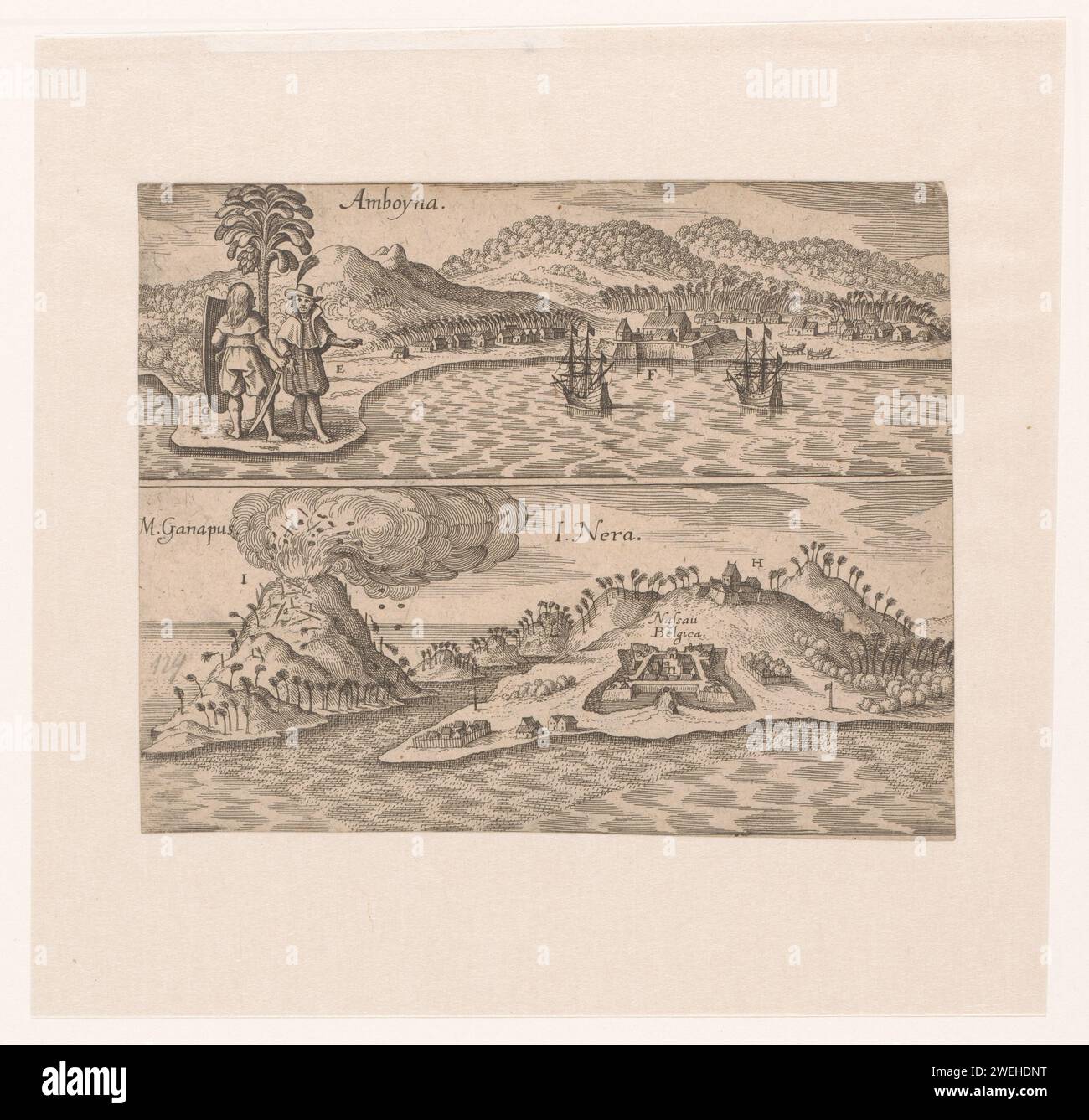 Volti su Ambon e sulle isole di banda e Vulcano Isola di banda API, Matthäus Merian (i), 1623 - 1655 stampa due immagini su una foglia. Sulla stampa superiore due figure su una palma in primo piano, sulla destra Fort Middelburg con due navi a vela VOC in mare. Sul fondo si trovano l'isola vulcanica di banda API e l'isola di banda Neira, indicando la posizione di Fort Belgica. eruzione di carta incisa (di vulcano). isola (nelle regioni tropicali e subtropicali) Ambon. Banda Neira. Banda API Foto Stock