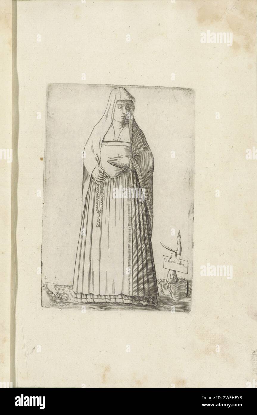 Vedova italiana, 1569 vedova italiana, rosario in mano. Parte del libro di costumi intitolato "Omnium Fere Gentium nostrae Aetatis habitus, Nunquam ante Hac Aediti", Venezia 1569. Ristampa dal 1569 della prima edizione dal 1563. lastre di moda per incisioni in carta. Vedova Italia Foto Stock