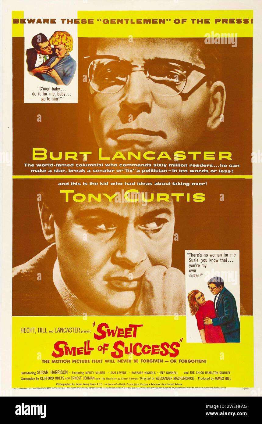Poster teatrale per l'uscita americana del film del 1957 Sweet Smell of Success - Burt Lancaster e Tony Curtis Foto Stock