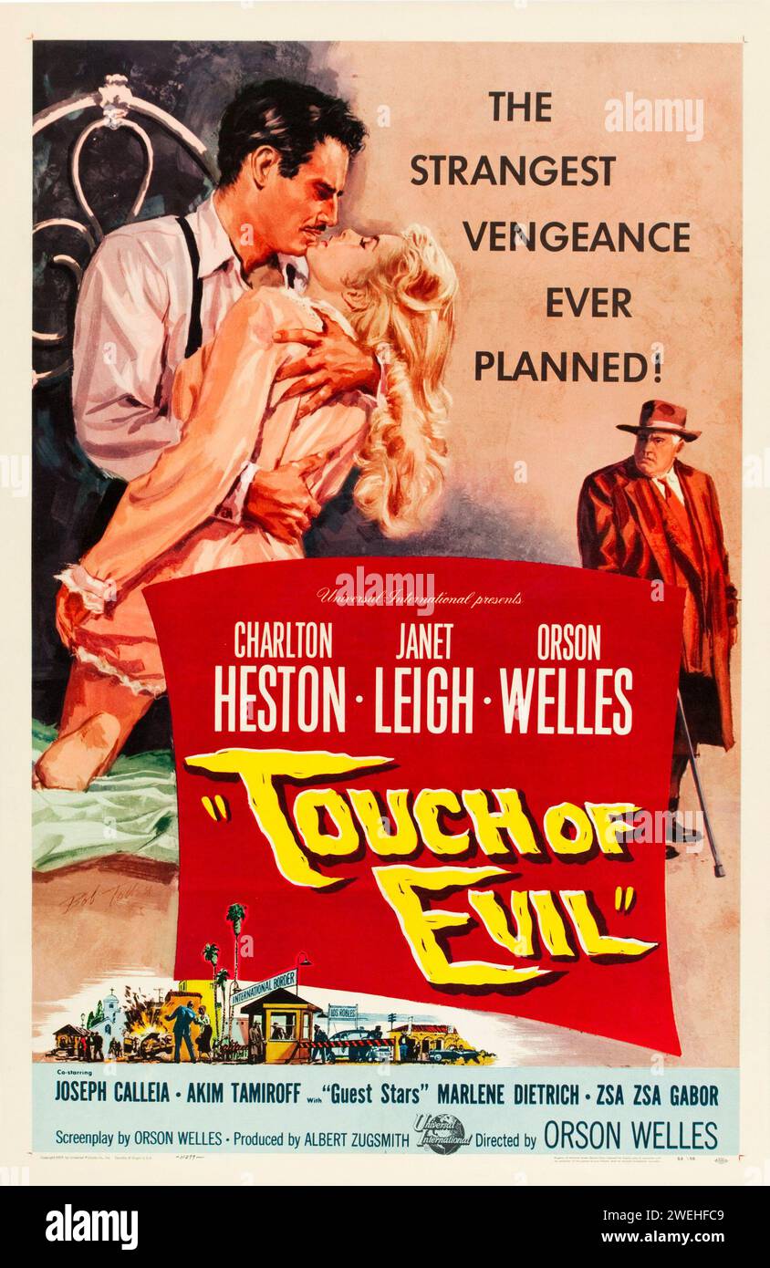 Poster di film d'epoca per la produzione teatrale del film americano del 1958 Touch of Evil - guest star Marlene Dietrich e Zsa Zsa Gabor - diretto da Orson Welles Foto Stock