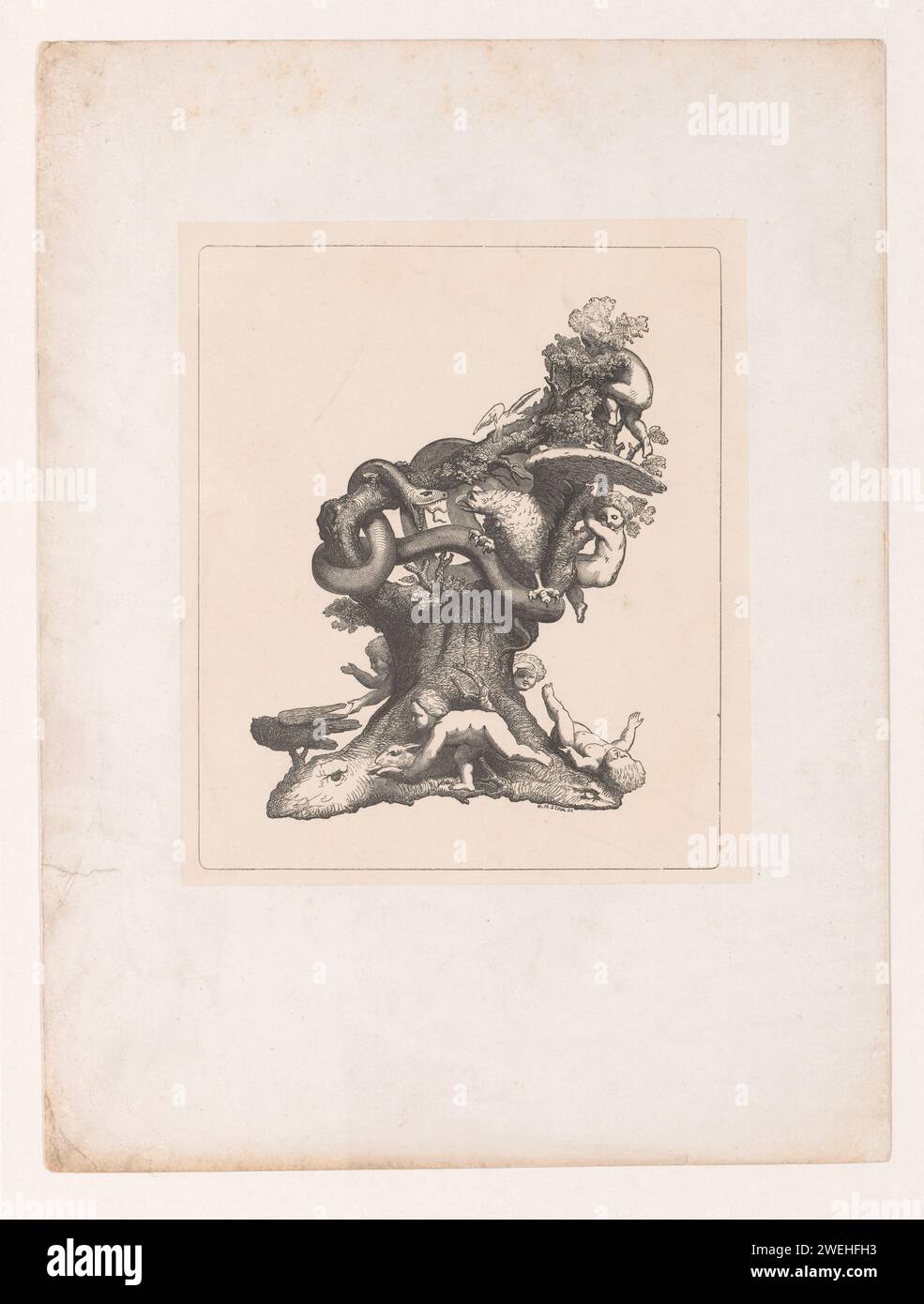 Albero con bambini e animali, Willem Hendrik Stam, 1841 - 1874 stampa su un albero, i bambini si arrampicano e giocano e ci sono vari animali come un serpente, un'aquila, un gufo e un coniglio. carta. alberi. animali. giochi e giochi per bambini Foto Stock