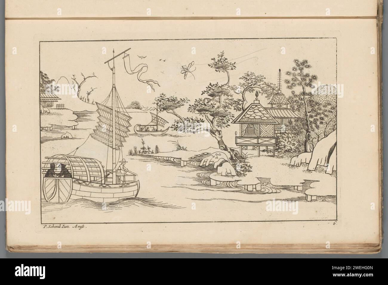 Paesaggio cinese con navi a vela su un fiume, 1727 - 1775 stampa paesaggio cinese con due navi a vela su un fiume. Un edificio a destra sulla banca. La stampa fa parte di un album. Carta con incisione cinese. paesaggi nella zona temperata. barca a vela, barca a vela Foto Stock