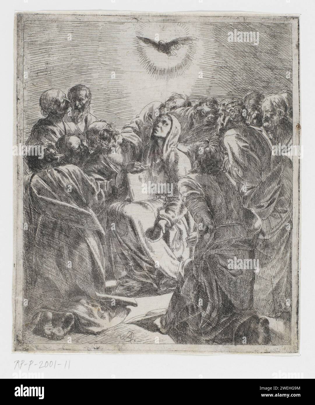 Uscita dello Spirito Santo, Giovanni Battista Caracciolo, 1580 - 1637 stampa Maria siede ed è circondata dagli apostoli. Tutti guardano al cielo dove lo Spirito Santo, sotto forma di piccione, li ha realizzati. Carta incisione Pentecoste: Lo Spirito Santo discende su (Maria e) gli apostoli, talvolta Paolo e/o rappresentanti delle nazioni presenti (atti 2:1-4) Foto Stock