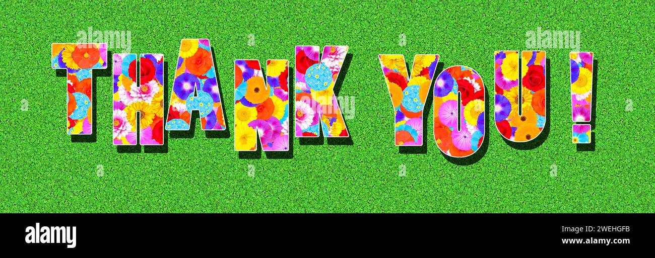 Illustrazione, le parole di ringraziamento e punto esclamativo, scritte con fiori colorati su sfondo verde Foto Stock