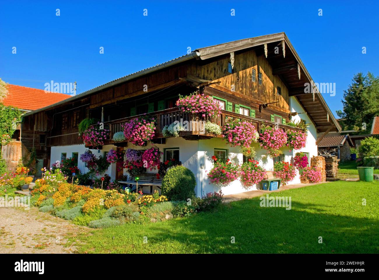 Antica casa colonica tradizionale con molti fioriere vicino a Bad Tölz, Baviera, Germania, Europa Foto Stock