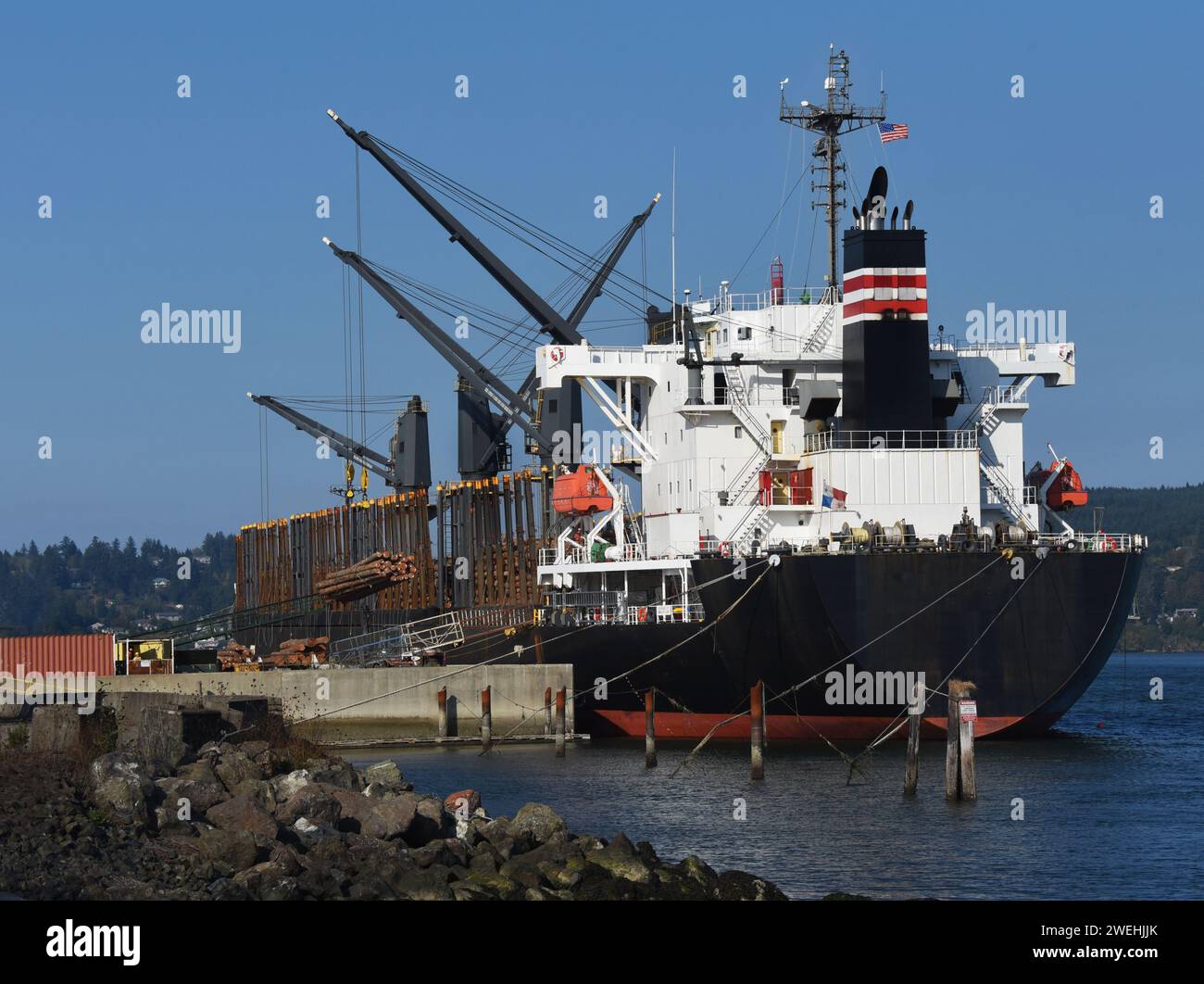 La nave attraccata a Coos Bay, North Bend, Oregon, è stata caricata con i registri. La gru carica l'imbarcazione. Foto Stock