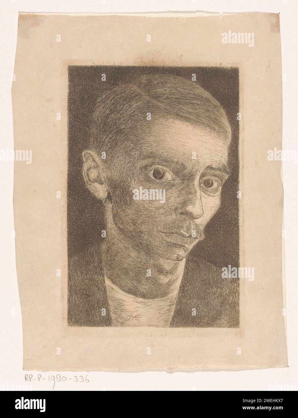 Autoritratto con baffi, Jan Mankes, c. 1915 stampa su carta, incisione su carta, autoritratto dell'artista Foto Stock