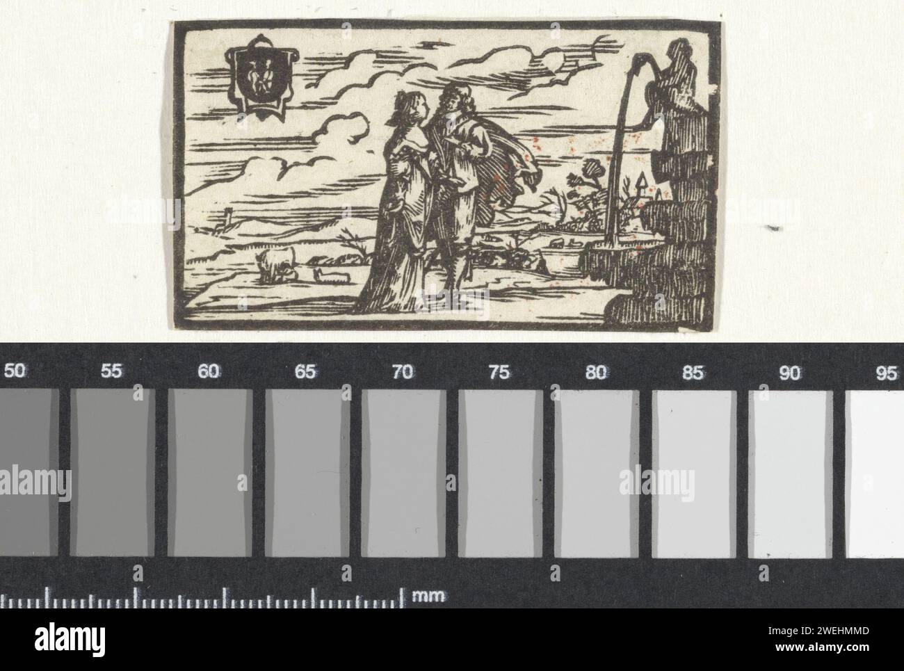 Mei, anonimo, 1600 - 1699 stampa Una coppia innamorata di una fontana. In alto a sinistra una gemella. Paper May e i suoi 'labori' (+ con Gemini (maggio)). un paio di amanti Foto Stock