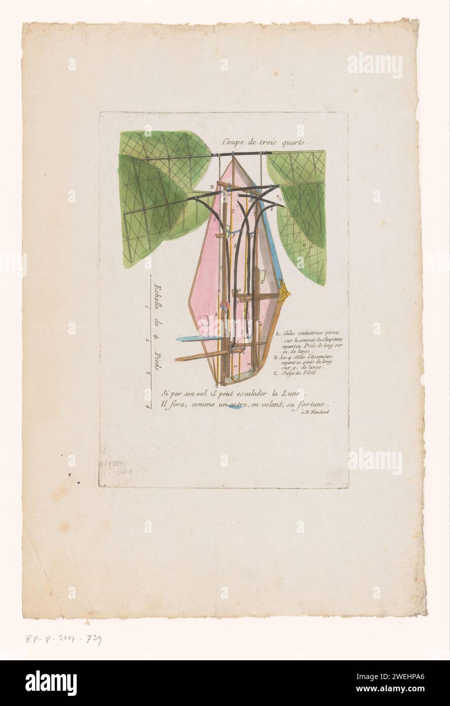 Vliegmachine van Mr Blanchard (taglio di tre quarti), c. 1781 - c. 1809 stampa il famoso Vaissaeu Volant di Jean Pierre Blanchard. Sezione trasversale di una cabina con ali mobili. Le parti del meccanismo sono numerate e sono descritte nella spiegazione accanto all'immagine. volo semovente con incisione della carta. scienza e tecnologia (+ prima copia di invenzione  ricerca scientifica) Foto Stock