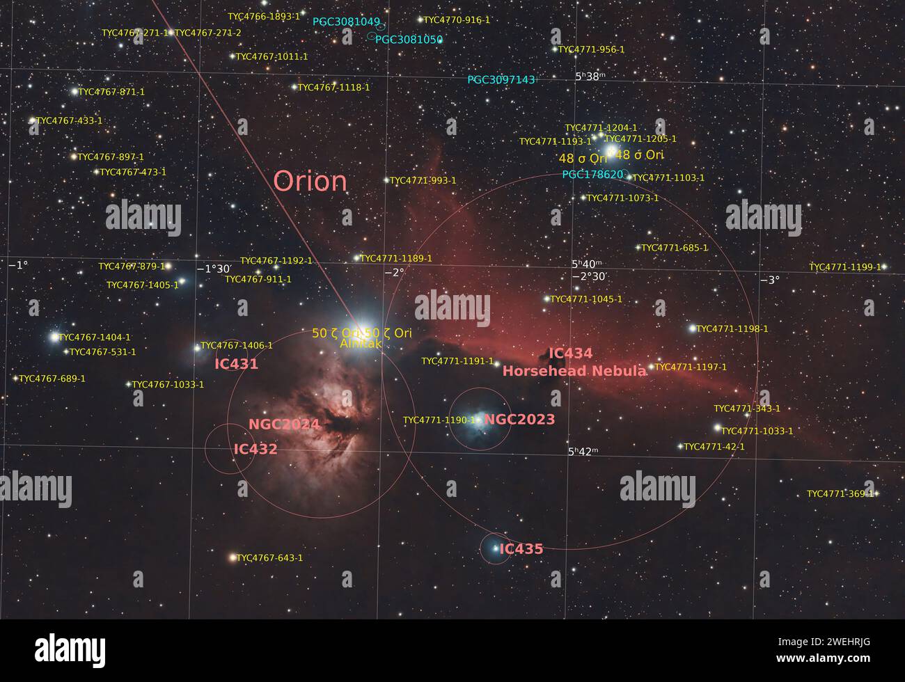 Un'immagine della nebulosa della testa del cavallo e della nebulosa della fiamma attraverso il mio Orion ED80T CF, con Canon 700D e SkyWatcher EQ5pro Mount Foto Stock