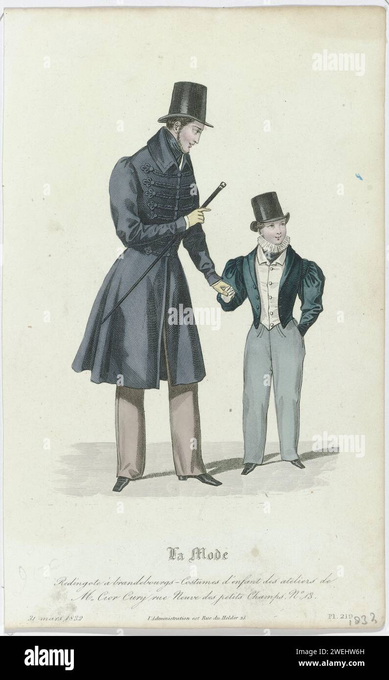 Fashion, 31 marzo 1832, PL. 219: REDINGOTE in Brandenbourgs-Costumes (...), 1832 Redingote con Brandebourgs. Pantaloni lunghi. Accessori: Cappello, guanti, bastoncino da passeggio, scarpe con tacco e nasi quadrati. Il costume del ragazzo viene dallo studio di M.Cior-Cury. Giacca, gilet e pantaloni lunghi. Colletto pieghettato. Cappello alto. Scarpe con nasi quadrati. Stampa dalla rivista di moda la Mode (1829-1855), copia su PL. 2967, 15 Mars 1832, da Journal des Dames et des Modes, Parigi, 1797-1839. lastre di moda per incisione in carta acciaio. abbigliamento da collo  (+ abiti da uomo). pantaloni, pantaloncini, ecc. (PANTALON) (+ me Foto Stock
