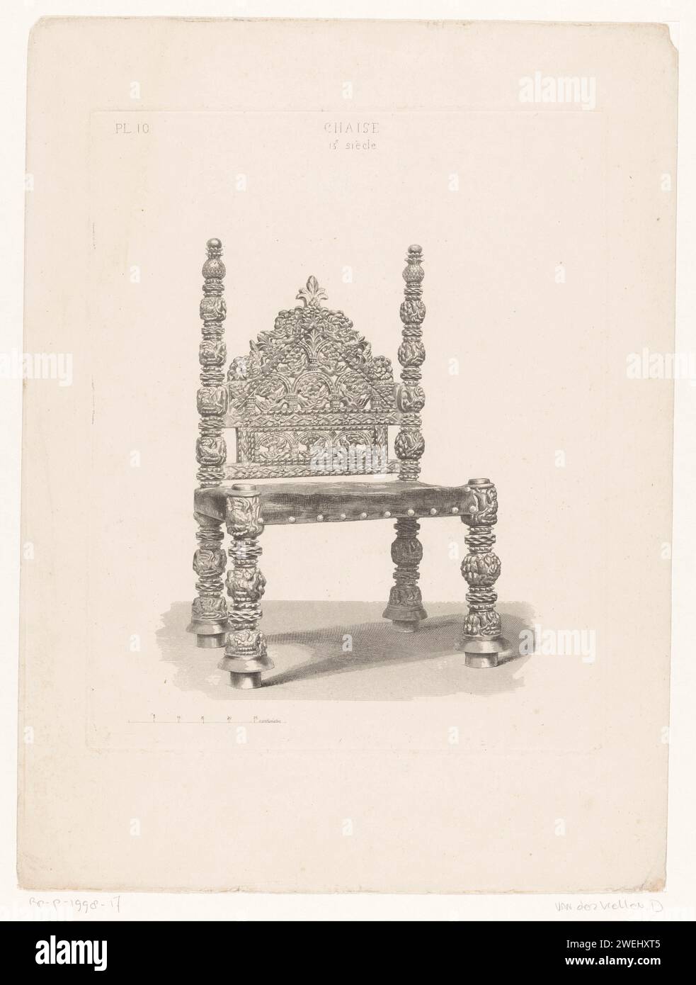 Cattedra del XIII secolo, David van der Kellen (1804-1879), in o prima del 1865 - 1870 stampare Una sedia riccamente curata del XIII secolo. sedia per incisione di carta Foto Stock