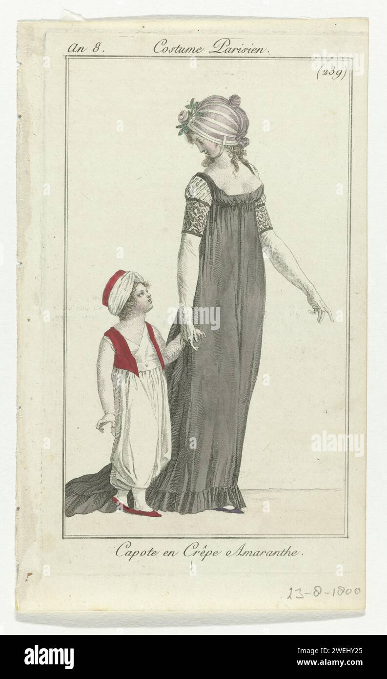 Journal of the Ladies and Fashion, costume parigino, 23 agosto 1800, (239): Capote in Crêp (...), 1800 donna con un capote di 'Crêpe Amaranthe' sulla testa. Indossa un abito con scollatura, vita alta e resistenza. Sulla mano di un ragazzo in abbigliamento per bambini: Pacchetto con pantaloni harem e giubbotto senza maniche (?). Un turbante in testa. La stampa fa parte della rivista di moda Journal des Dames et des Modes, pubblicata da Pierre de la Mésangère, Parigi, 1797-1839. lastre di moda per incisioni in carta. Copricapo (CAPOTE) (+ abiti da donna). abito, abito (+ abiti da donna). copricapo: turbante (+ vestiti per bambini). Foto Stock