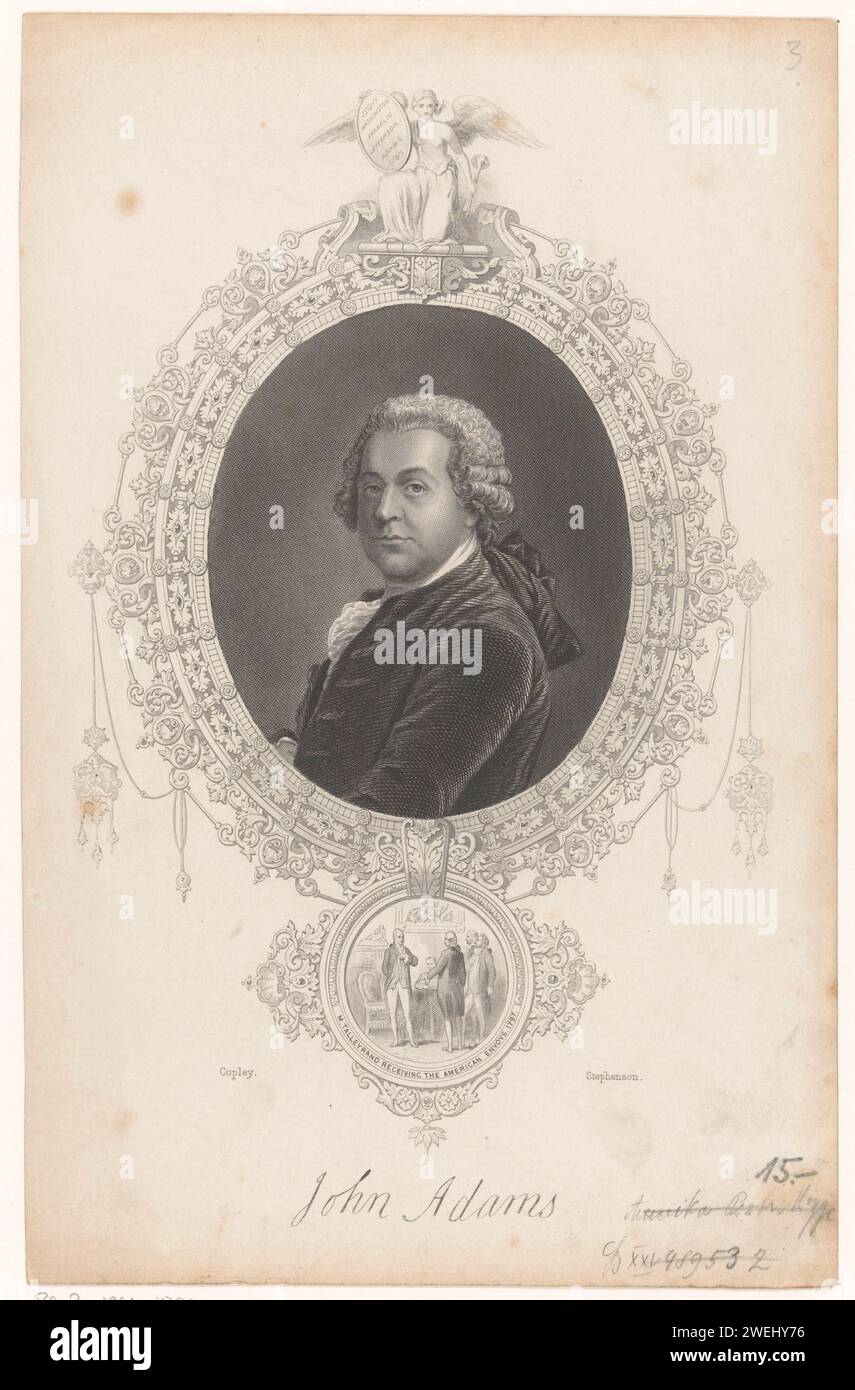 Ritratto di John Adams, stampa 1797 - 1849 Ritratto di John Adams in un accompagnamento ovale decorato. Nel mezzo di un angelo con una tromba e i nomi Washington, Franklin, Jefferson e Adams. Nel bel mezzo dell'accoglienza dei rappresentanti americani da parte di Charles Maurice, duca di Talleyrand-Périgord, nel 1797. Il suo nome nel margine inferiore. incisione su carta e acciaio Foto Stock