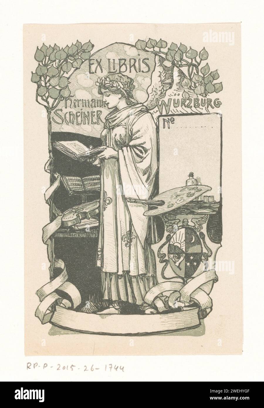Ex Libris van Hermann Scheiner, Anonimo, c. 1920 stampa Muze con le ali e un libro nelle sue mani. Accanto a lei un violino, spartiti e una tavolozza di dipinti. Proprio sotto uno stemma. Muse singole di carta. tavolozza. violino, violino Foto Stock