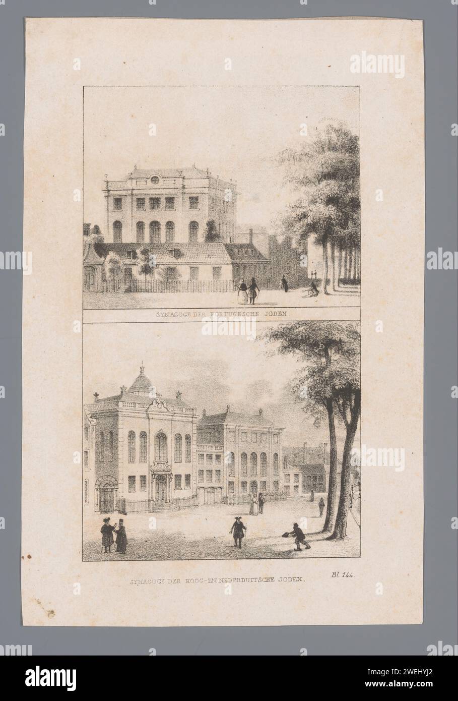 Volti sulle sinagoghe di Amsterdam e due tombe, Johannes Hilverdink (possibile), carta stampata del 1848 la sinagoga (come edificio e luogo di culto  religione ebraica) sinagoga alta tedesca. Sinagoga portoghese Foto Stock