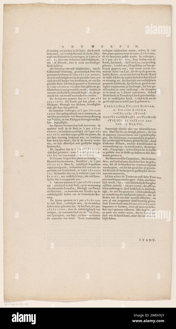 Parte della descrizione di Anversa, Johannes Willemszoon Blaeu, 1652 foglio di testo parte della descrizione di Anversa, tratto da Blaeu 'Toosneel of the Cities of the Vereenighde Nederlanden'. Carta da lettera stampa Anversa Foto Stock