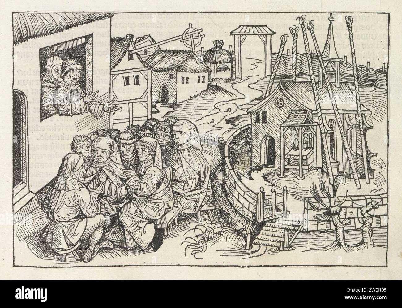Hans Bohm van Niklashausen Predikend, Michel Wolgemut (laboratorio di), 1493 stampa in un villaggio un gruppo di persone ascolta un uomo in una cornice della finestra. Sulla destra una chiesa o una cappella. Lo spettacolo viene dal Liber Chronicarum. L'uomo identifica il testo di questo libro come Hans Bohm van Niklashersen. Quest'uomo predicava sulla vita vergognosa del clero e invitava le persone a pagare tasse e pedaggi. La stampa fa parte di un album. stampa di carta letterpress predicazione (in generale). chiesa (esterno) - QQ - piccola chiesa, cappella Foto Stock