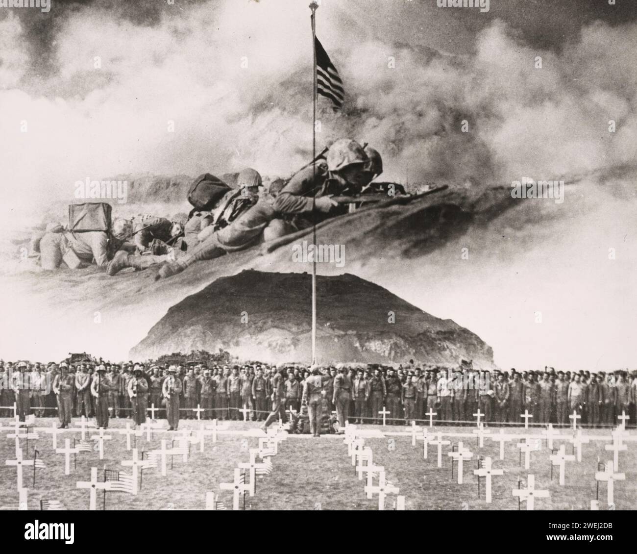 Montaggio fotografico del cimitero della Quinta Divisione Marina a Iwo Jima 1945 Foto Stock