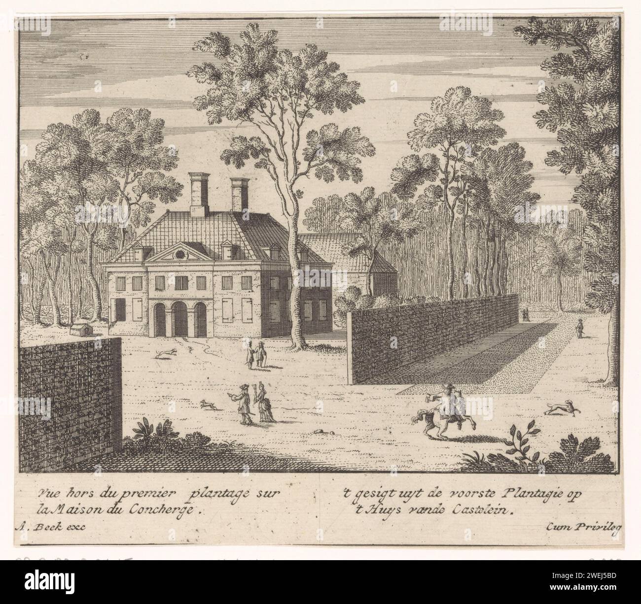 Veduta del Kasteleinswoning van Huis ten Bosch, Anonimo, in o dopo la stampa del 1717 veduta del piazzale con la casa del Castlein di Huis ten Bosch. Palazzo Huis Ten Bosch di carta incisa Foto Stock