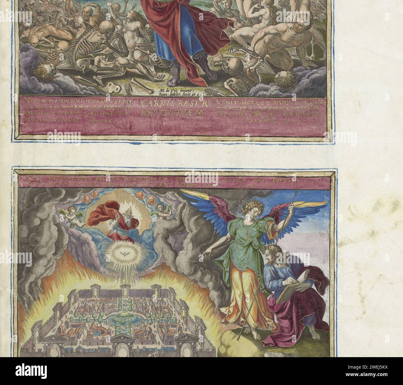 Visione di Ezechiele, 1579 stampa illustrazione dell'undicesimo articolo di fede (la risurrezione del corpo) del credo apostolico. Il profeta Ezechiele si trova in una valle piena di ossa. Parla con Dio padre che appare in cielo. Le ossa morte prendono vita intorno a lui e vivono le persone. Sopra la performance un riferimento al testo della Bibbia in Eze. 37: 4-5. Sotto lo spettacolo due testi biblici e l'undicesimo articolo di fede dalla fede apostolica in latino. Questa stampa fa parte di un album. pergamena (materiale animale). incisione di carta 'carnis resurrectionem'  articoli di fede. La visione di Ezekiel Foto Stock