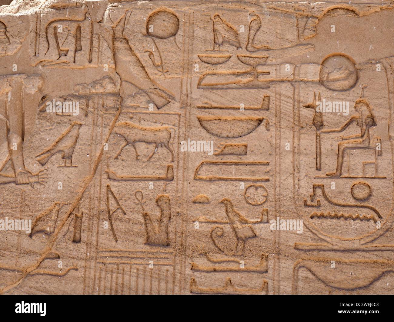 Fregio all'esterno del grande Tempio di Abu Simbel, con le sue quattro statue colossali di Ramses II, Egitto, alte 20 metri. Foto Stock