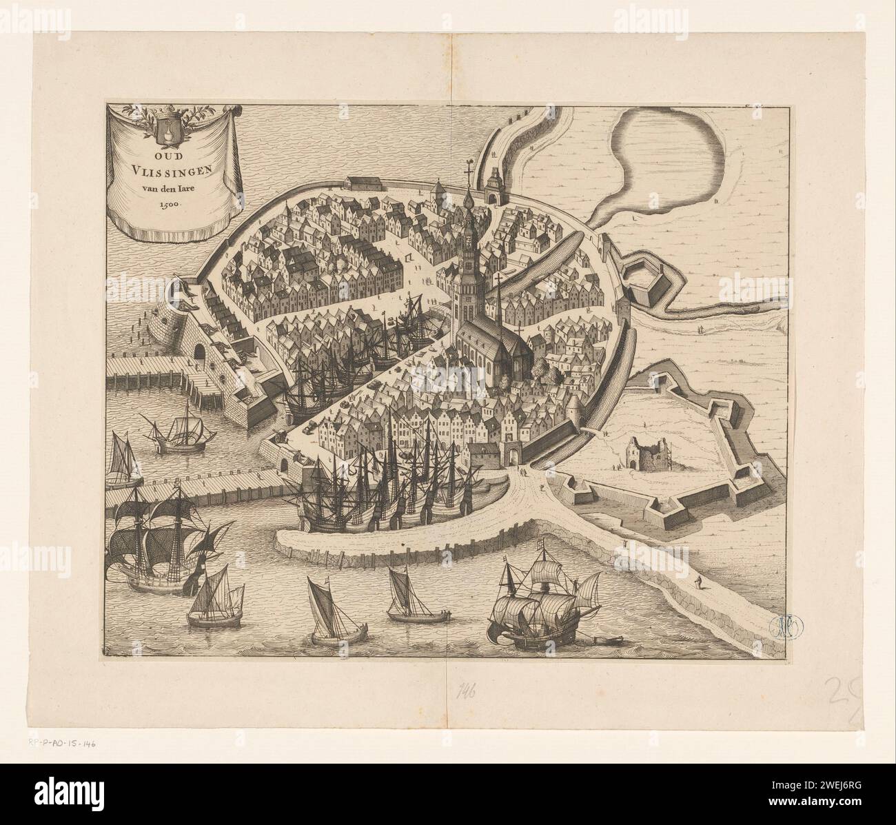 Mappa di Vlissingen, 1500, Anonimo, 1696 stampa mappa nella vista a volo d'uccello di Vlissingen, come avrebbe guardato intorno al 1500. In alto a sinistra un cartiglio con il titolo e l'arma della città. All'interno della Plaatrand, la numerazione è in alto a destra ma parzialmente visibile [p. 556]. mappe di incisione/incisione su carta delle città. stemma (simbolo dello stato, ecc.) (+ città; municipale) Flushing Foto Stock
