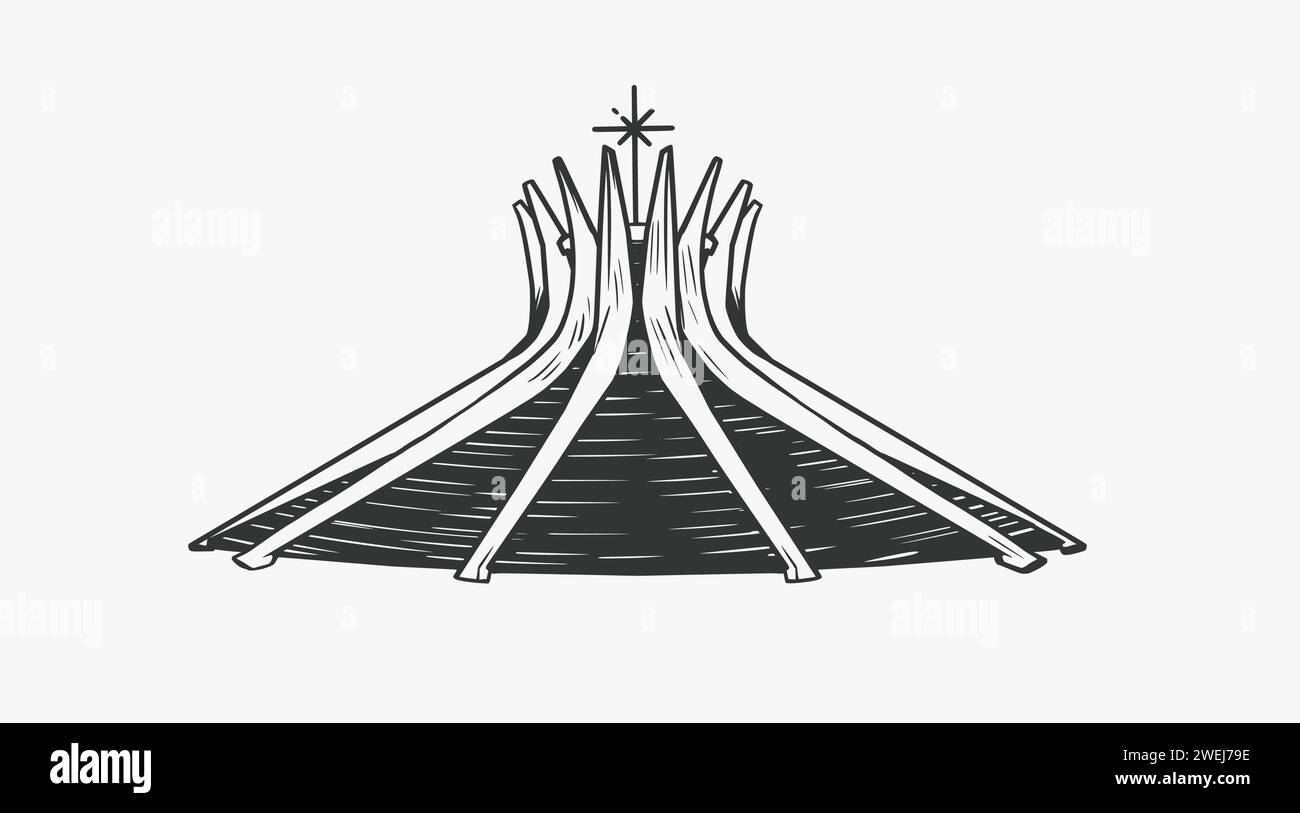 Cattedrale metropolitana di Brasilia. Un ottimo punto turistico nella capitale del Brasile. Architettura moderna. Illustrazione Vettoriale
