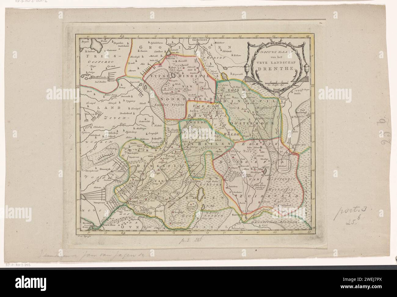 Mappa di Drenthe, Jan van Jagen, 1795 stampato in alto a destra con titolo e ciotola: Un Myl tedesco. Distribuzione in gradi lungo i bordi. Mappe cartacee per incisioni di paesi o regioni diversi Drenthe Foto Stock